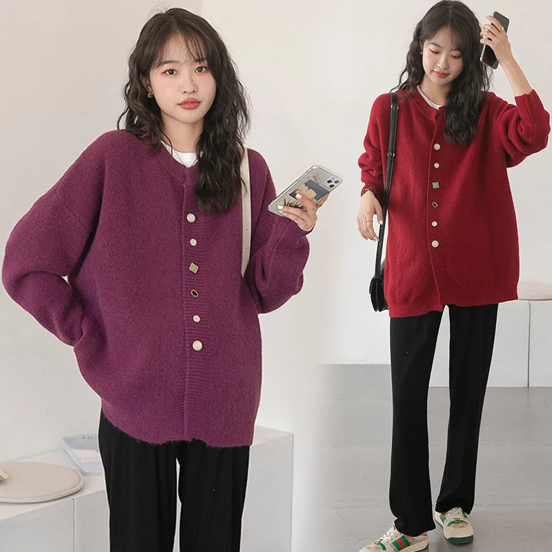 Red Sweaters for Women Knitted Maternity Sweaters Sweet Elegant Loose Cardigan Clothes for Pregnant Women Maternity Tops