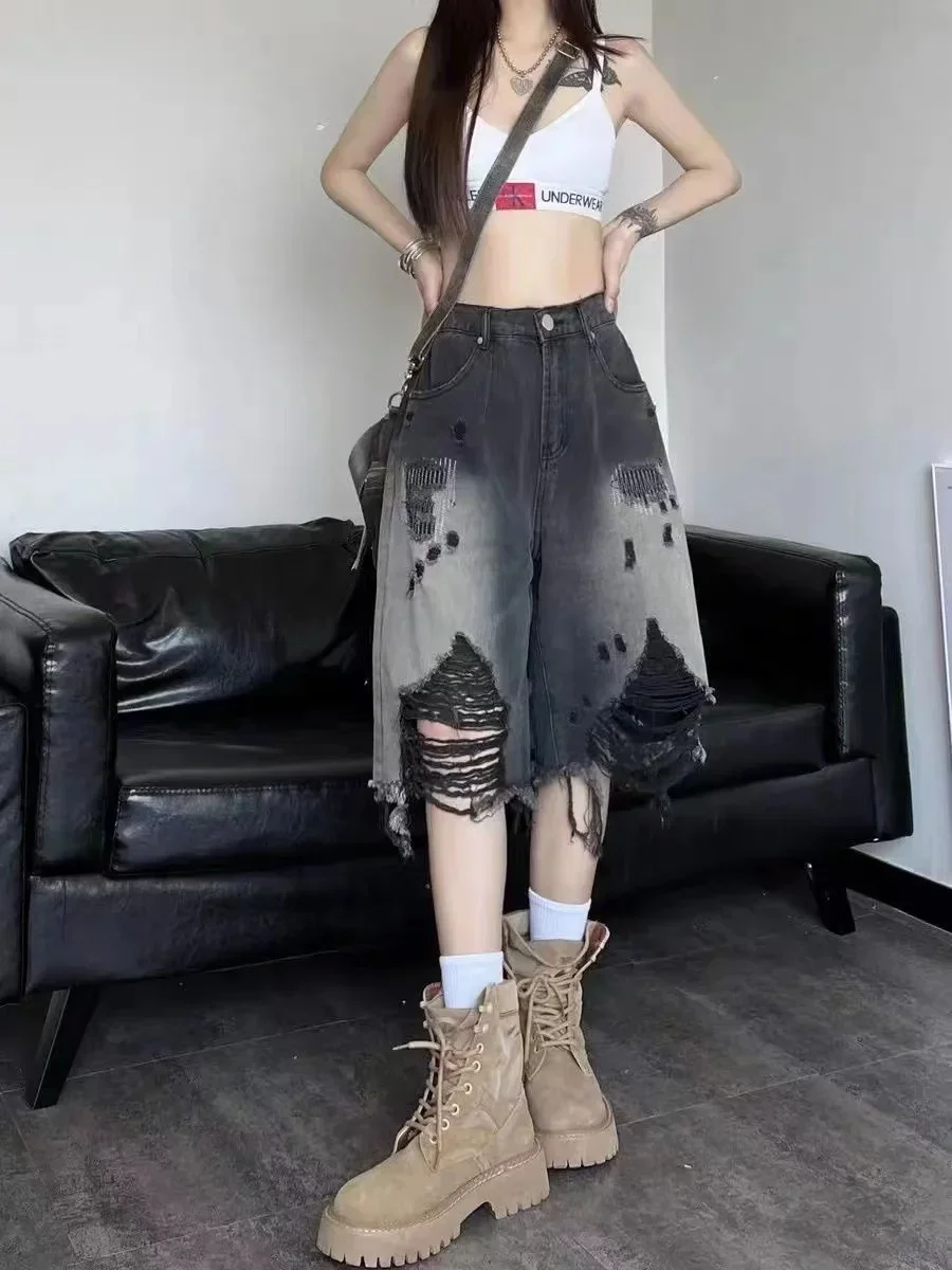 American High Street Washed Gradient Women Ripped Retro Old Size Denim Loose Shorts Baggy Jeans Women