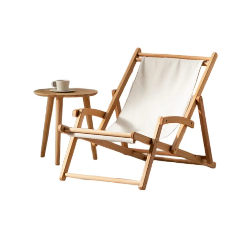 Adjustable Sling Chair Natural Beech Wood Frame Portable Patio Wooden