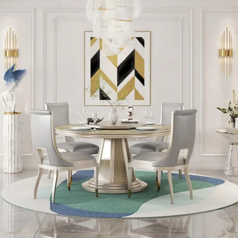 

Kitchen Round Table With Lacquered Turntable Stable Solid Wood Frame Dining Table And Chair Veneer Parquet Craft Dining Table