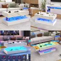 Large High-Gloss LED Coffee Table with Sliding Drawers, Modern Living Room Storage, Marble Print Design