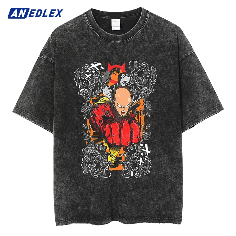 

Men Streetwear Vintage Tshirt Harajuku Japanese Anime Print T-Shirt Summer Short Sleeve Cotton Loose Washed Tops Tees Hip Hop