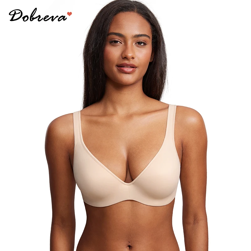 

DOBREVA Women's Lightly Padded Bra T Shirt Plus Size Underwire Support Plunge Seamless Full Coverage Bras Cushioned Straps