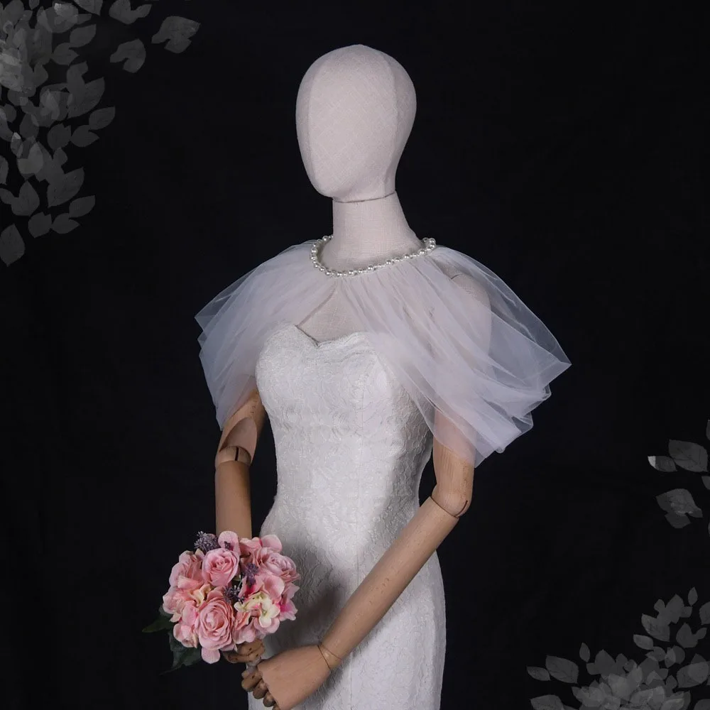 

White Ivory Wedding Bridal Shawl Wedding Accessories Shrug Wedding Cloak Bride Cape Pearl Mesh Soft Cape Chiffon Shawl Cosplay
