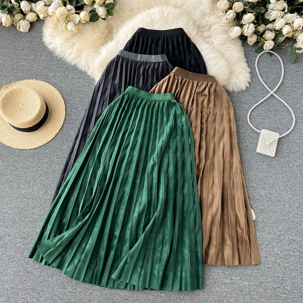 

Autumn French Retro High Waist Show Thin Crotch Cover Korean Version All-match Mid-length Pleated Skirt