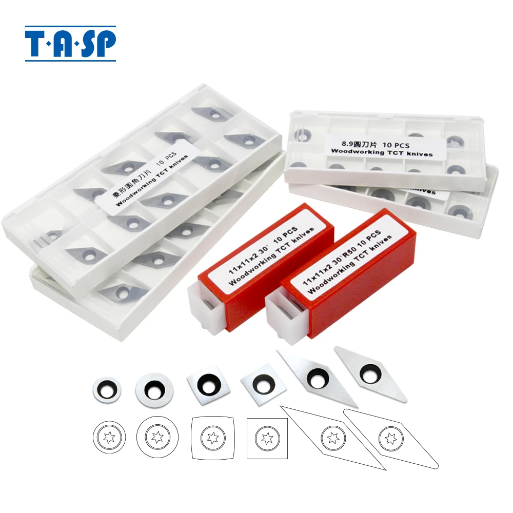 Tasp 10pcs Carbide Insert Cutters Wood Turning Tools Round Square Diamond Replacement Milling