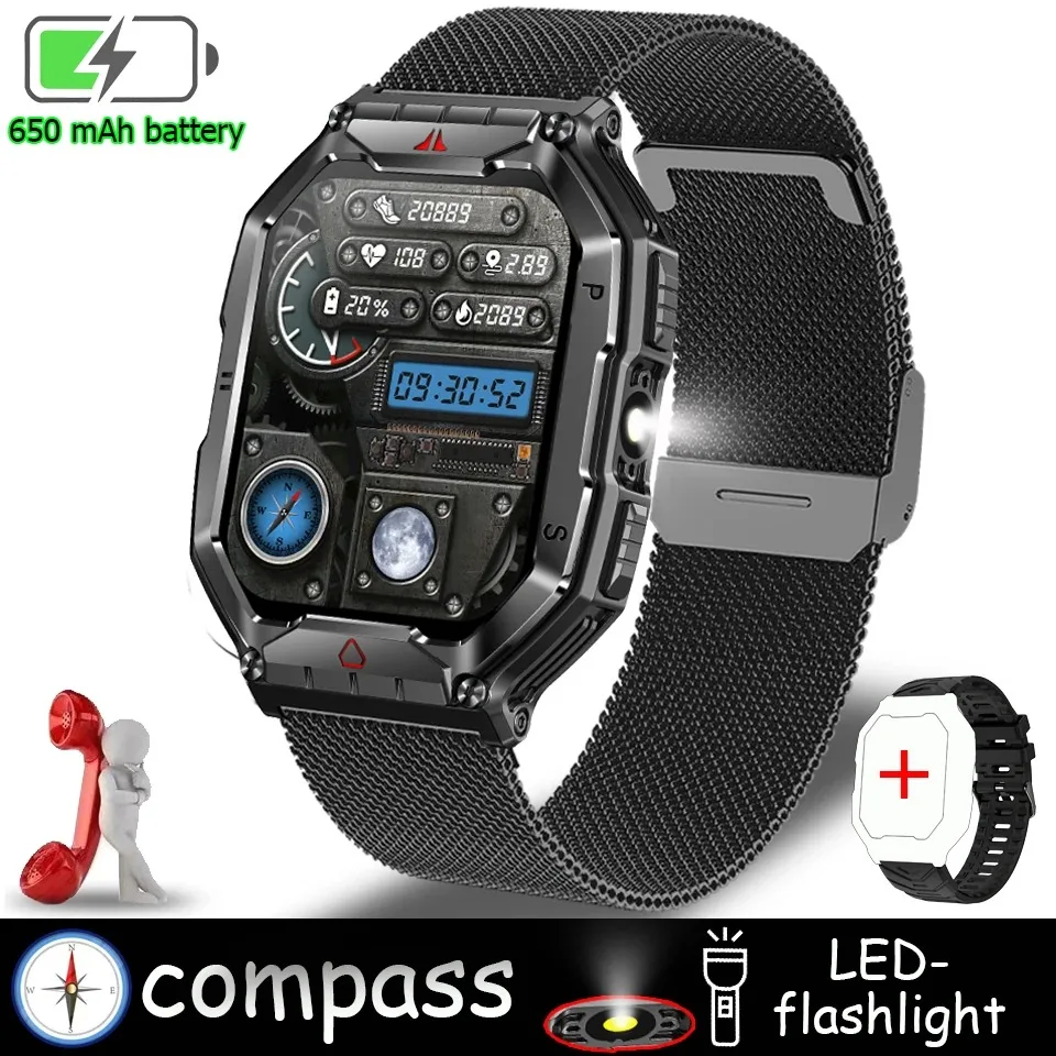 2024 New Rugged Military With LED Flashlight Smart Watch Men Heart Rate Bluetooth Call Waterproof Outdoor SmartWatch For Xiaomi 8
