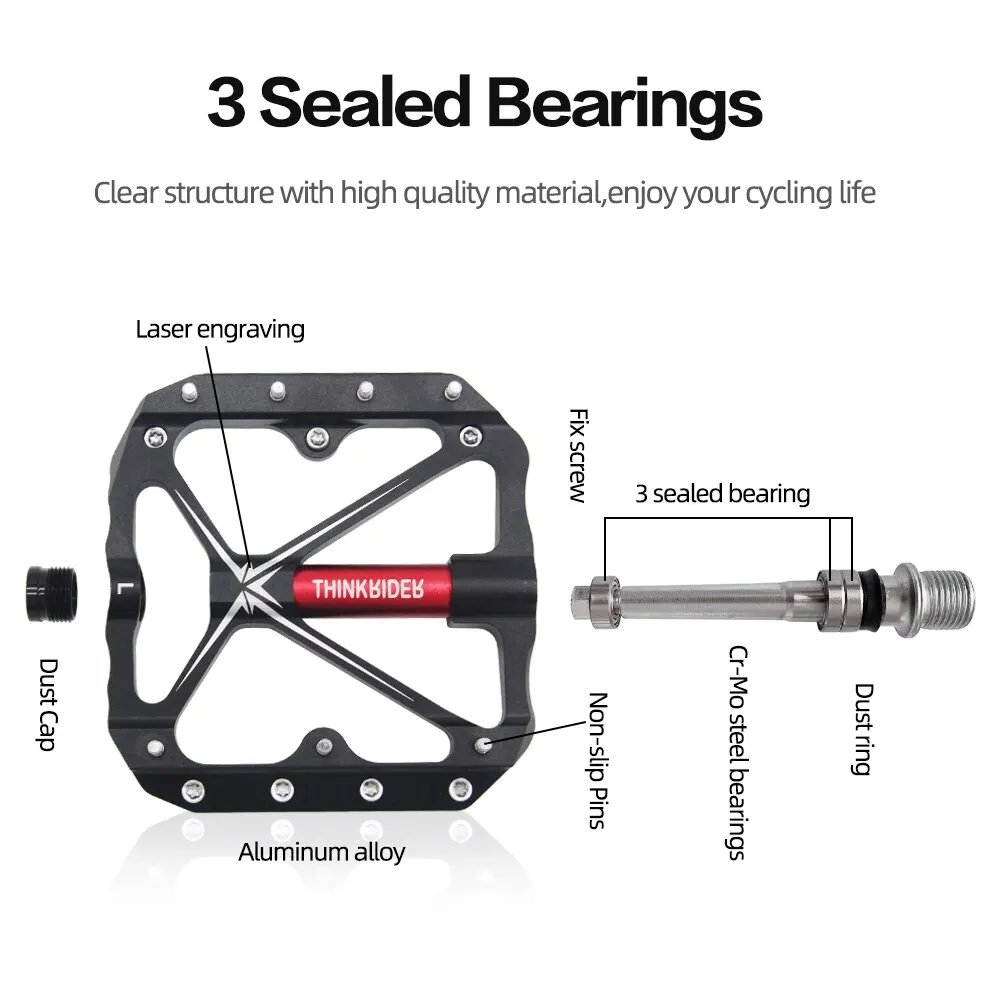 Bicycle Pedals ThinkRider Flat Bike Pedals MTB Road 3 Sealed Bearings Bicycle Pedals Mountain Bike Pedals Wide Platform Accessories Part