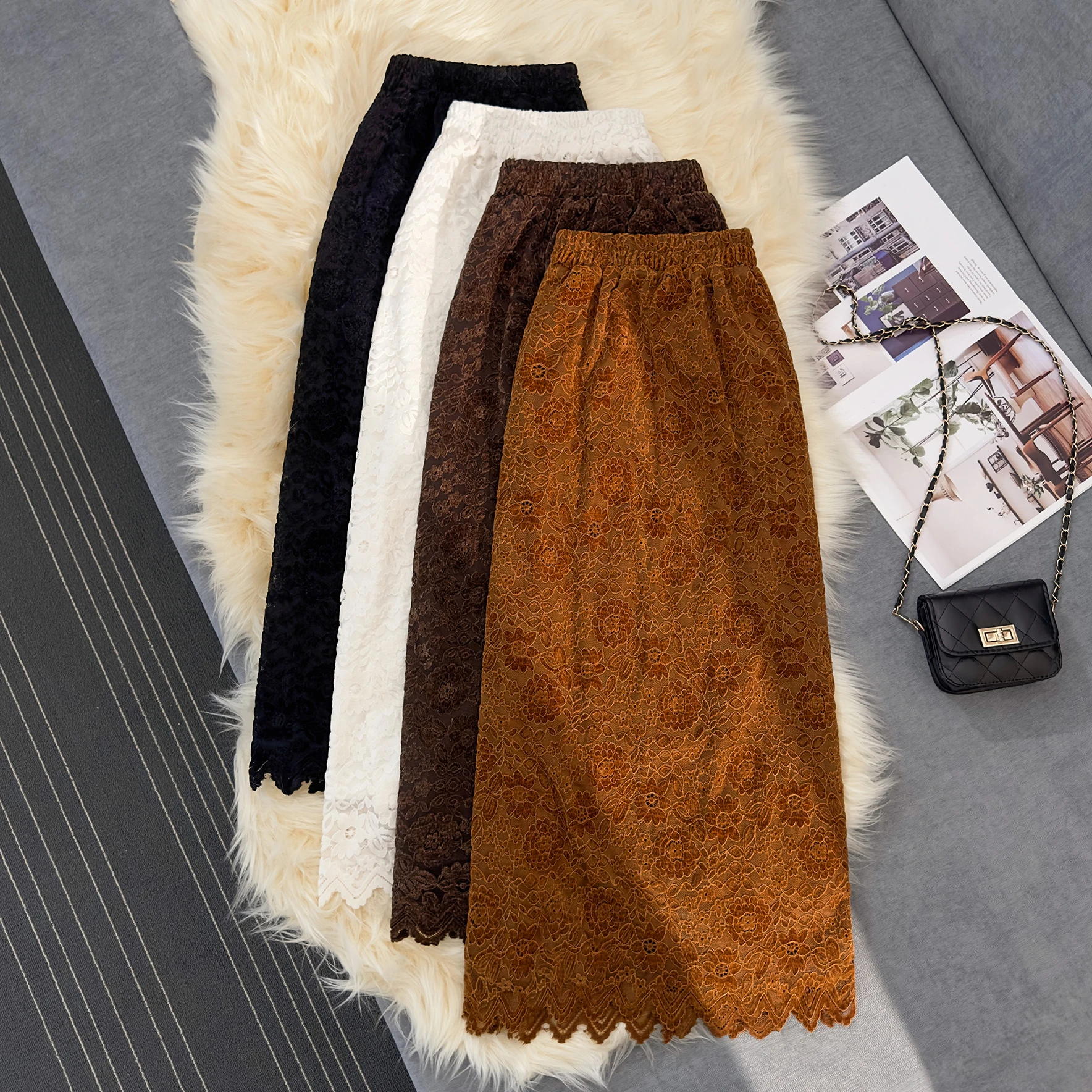 

Frenchic Vintage Long Skirt Women Jacquard Lace Patchwork Velvet Female Elegnt Skirts Autumn Faldas Ajustadas Skirt Dropshipping