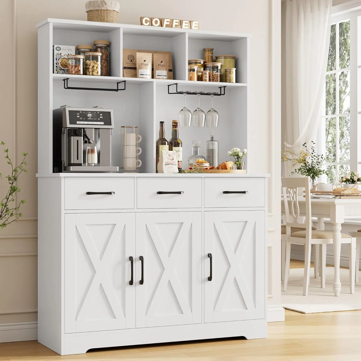 Buffet Cabinet with Hutch Modern Farmhouse Kitchen Buffet Sideboard Storage Cabinet with 3 Drawers Barn Door Coffee Ba HOSTACK