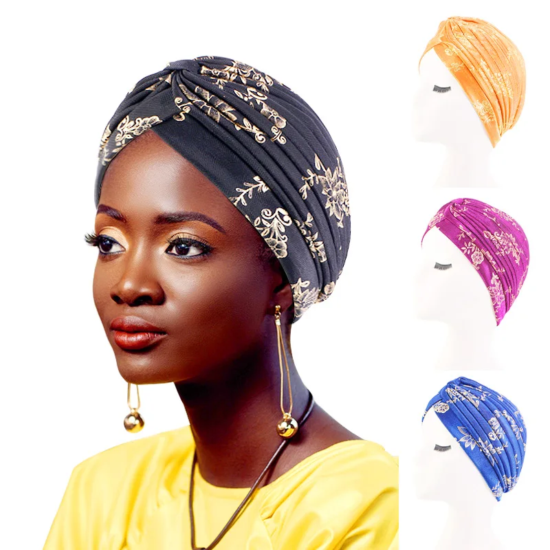 

New Muslim Head Wraps Gold ruffle Top Knotted turban Hat Inner Hijab Chemo Cap Headscarf Stretchy Headband Lady Hair Accessories