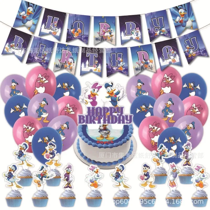 

Disney Anime Figures Donald Duck Themed Party Decoration Set Flag Pulling Balloon Cake Insertion Card Children's Birthday Gift