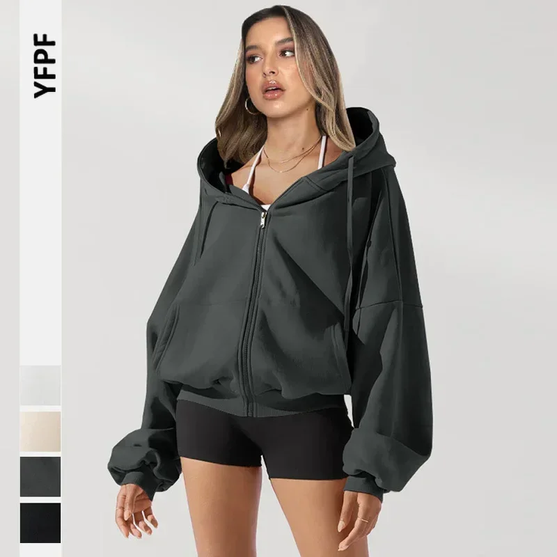 Women's Cute Casual Sport Hoodies Teen Girl Fall Jacket Oversized Sweatshirts Casual Drawstring Zip Up Y2K Hoodie with Pocket