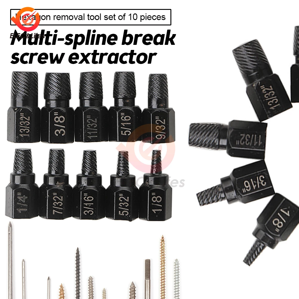 10pcs/set Screw and Bolt Extractor Drill Bit Set Disassemble Screws Bolt Stud Slip Teeth Demolish Stripped Broken Remover Tools