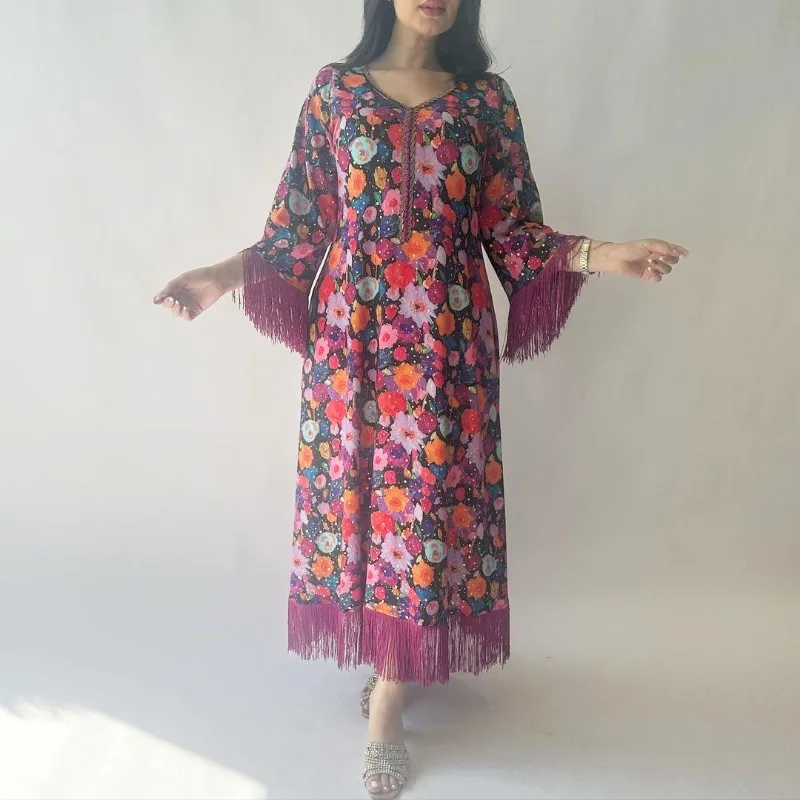 Folk Costume Arab Ladies Bronzing Printed Casual Dubai Muslim Robe evening dresses  robe femme musulmane  dress