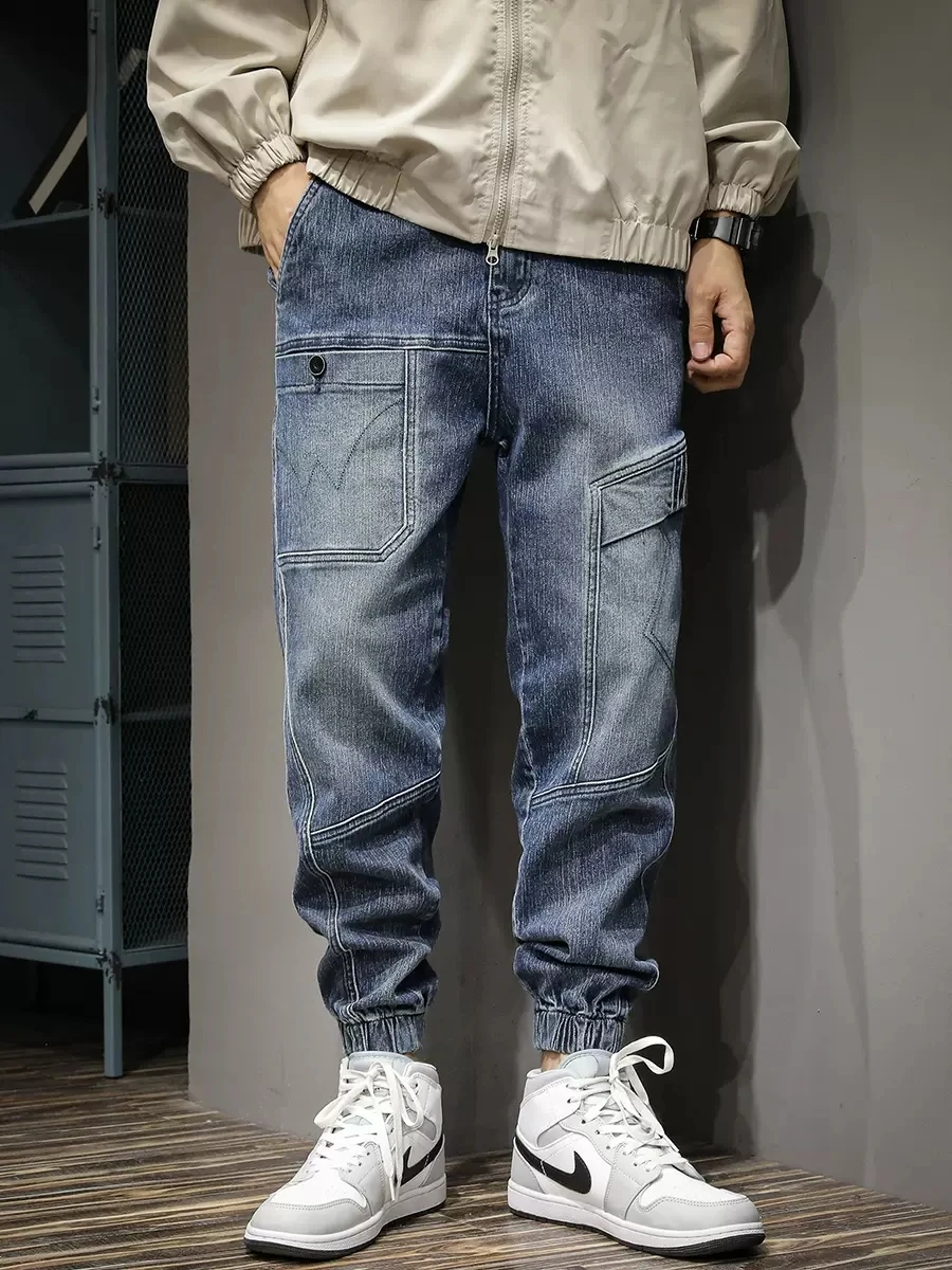 Fashion Streetwear Men Jeans Loose Fit Spliced Designer Big Pocket Casual Denim Cargo Pants Hombre Hip Hop Joggers Men Overalls