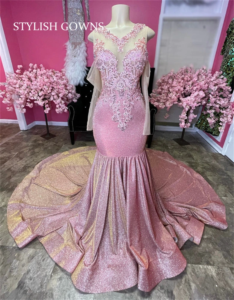 

Pink V Neck Long Prom Dress For Black Girls Appliques Birthday Party Gowns Evening Dresses Mermaid Robe De Bal