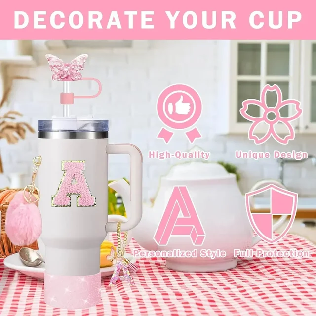 9PCS Accessory Set for Stanley Cup 30oz 40oz Butterfly Straw Cover Cap Silicone Boot Charm Initials Sticker Spill Proof Stopper 4