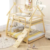 Wood Twin Over Queen House Bunk Bed, Playhouse Floor Low Bunk Bed with Climbing Nets & Ramp,Not Box Spring Required (Natural) 1