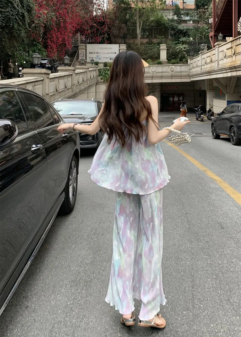 2024 New Western Style Casual Set Sleeveless Bra Vest Women's High Waist Wide Leg Pants Loose Long Pants