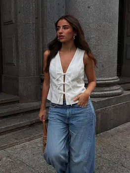 HH Women Elegant Lace Up V-Neck Waistcoat Sleeveless Tie Front Slim Vest Casual Office Wear Retro Y2K Street Fashion Chic Top 1