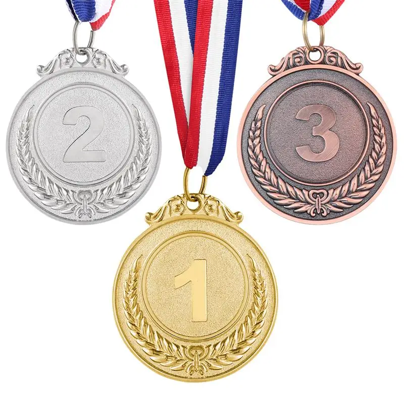 

3 Pcs Set Metal Award Medals with Neck Ribbon Gold Silver Bronze Style for Sports Academics or Any Competition Diameter 5.1cm