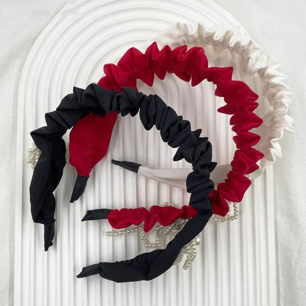 

Hair Hoop Gifts For Girls Wrinkle Head Ornaments Wide Side Women Hair Hoop Pearl Bow Headbands Tassel Retro Headwear