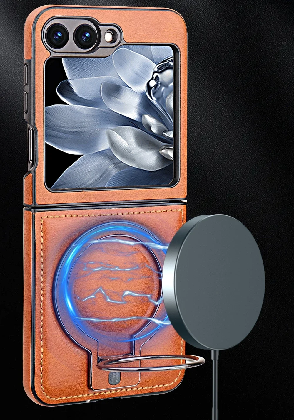 Luxury Leather Magnetic Flip Phone Case with Ring Bracket and Shockproof Design