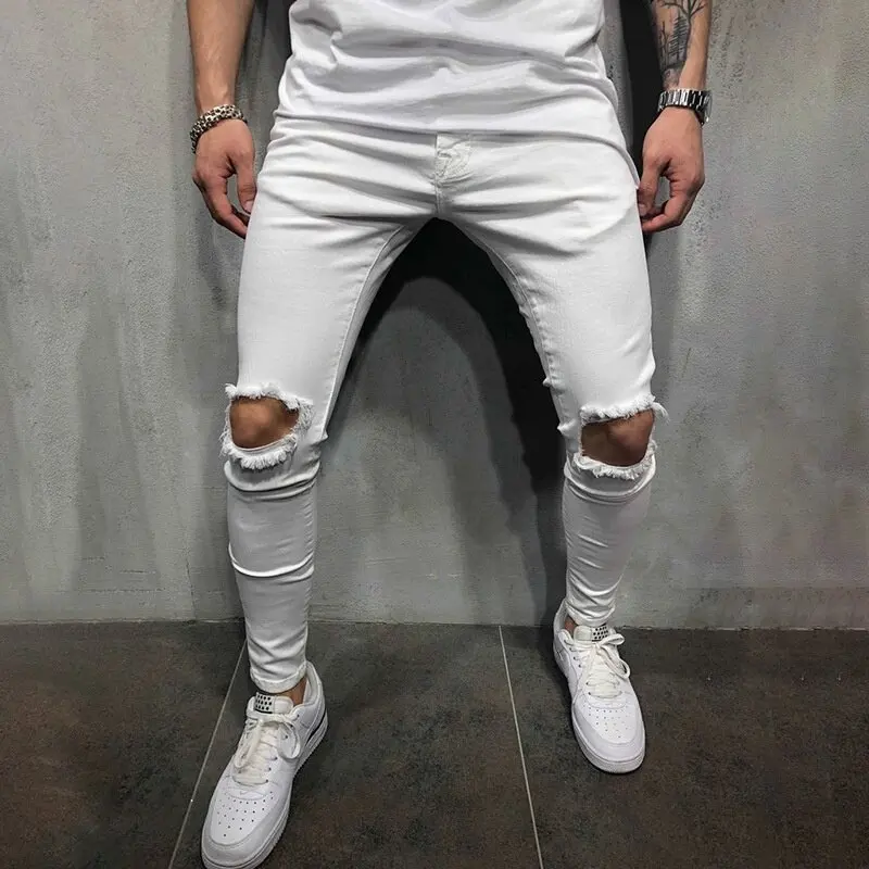 Men Ripped Jeans Spring Summer Autumn Fashion Casual Hole Slim Fit Skinny Stretch Long Denim Pants Streetwear