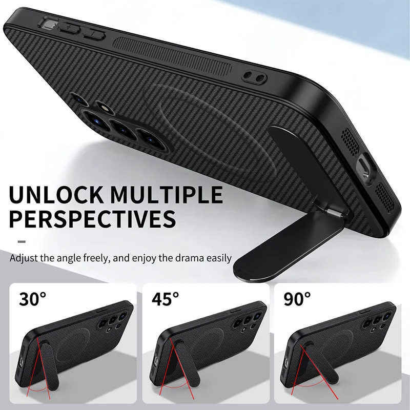 Premium Carbon Fiber Pattern Case with Kickstand and Magnetic Shockproof Protection