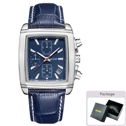 Megir Blue Chronograph Men's Leather Strap Watch (Blue Silver Box)