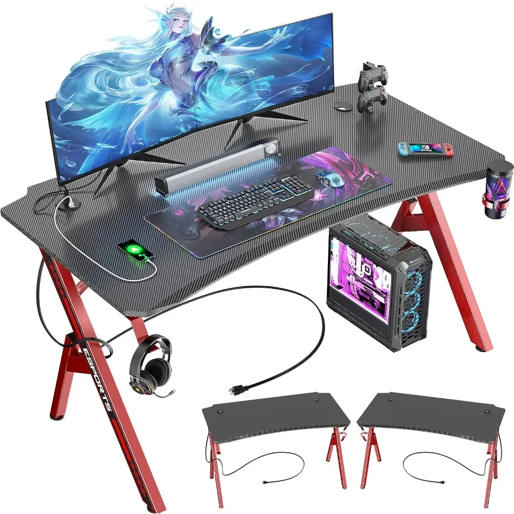 

47 Inch Gaming Computer Desk with Carbon Fiber Desktop, Large Y Shaped Gamer Desk with Cup Holder computer desk Office Furniture