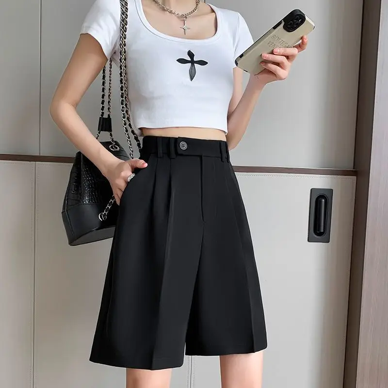 Summer New Korean High Waist Slim Wide Leg Shorts Women's Solid Button Zipper Pockets Fashion Simple Loose Casual A-line Shorts