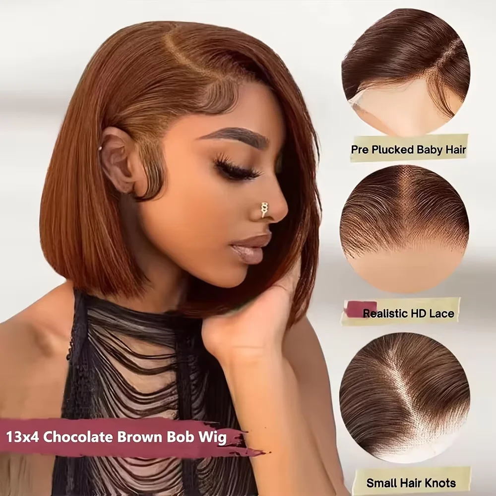 220% Chocolate Brown Short Bob Bone Straight 13x4 HD Transparent Lace Front Human Hair Wig Brazilian Lace Frontal Wigs For Women