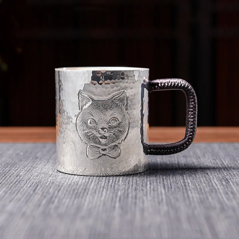 

Чашка ручной работы из стерлингового серебра 999 пробы с ручкой, Очаровательная чашка для воды для домашних животных, домашний женский чайный цилиндр, кофе, офисное молоко, пивная кружка