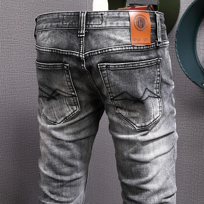 Fashion Designer Men Jeans High Quality Retro Black Gray Elastic Slim Fit Ripped Jeans Men Trendy Trousers Vintage Denim Pants