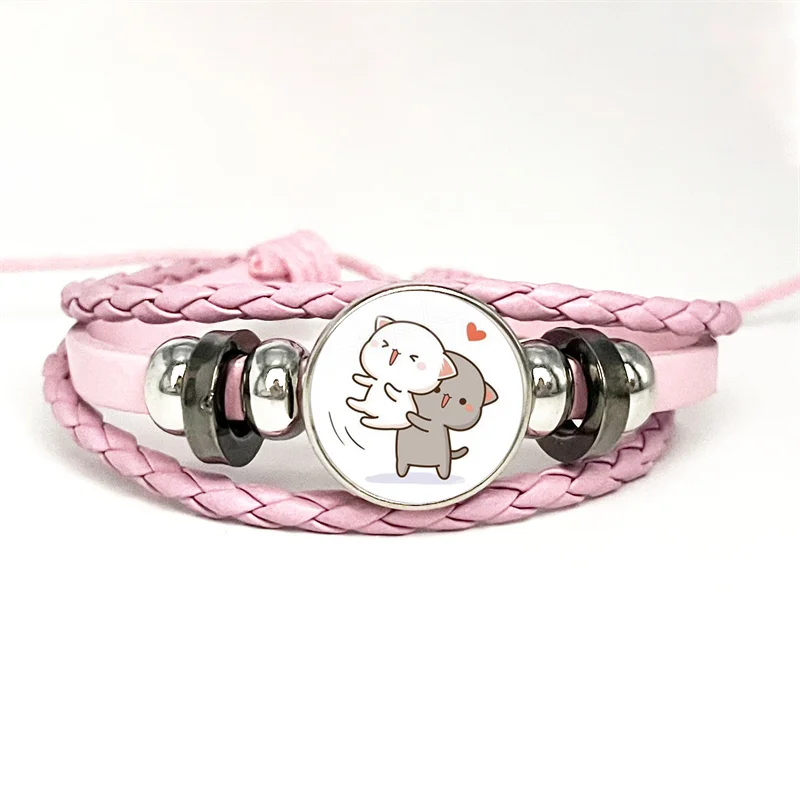 Net Red Cute Couple Mitao Cat Pink Leather Bracelet Glass Cabochon Button Multilayer Bangles Wristband Gift 2