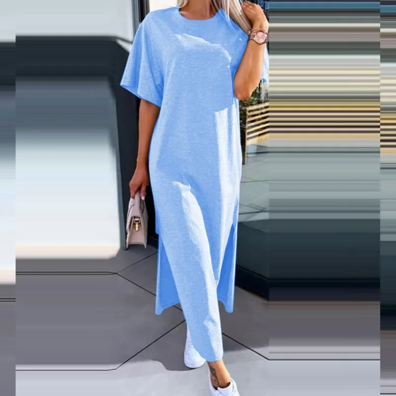 

Women's Causal Soild Dress High Spilt Loose Oversize Dress O-Neck Short Sleeve Tshirt Dress Summer Vacation Outfit Vestidos Robe