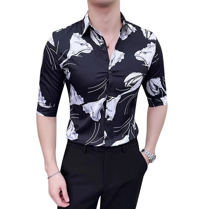 

New Spring Summer Half-sleeved Camisas Masculino Fashion Flower Print Slim Fit Male Dress Shirt Retro Elegant Men Floral Shirts