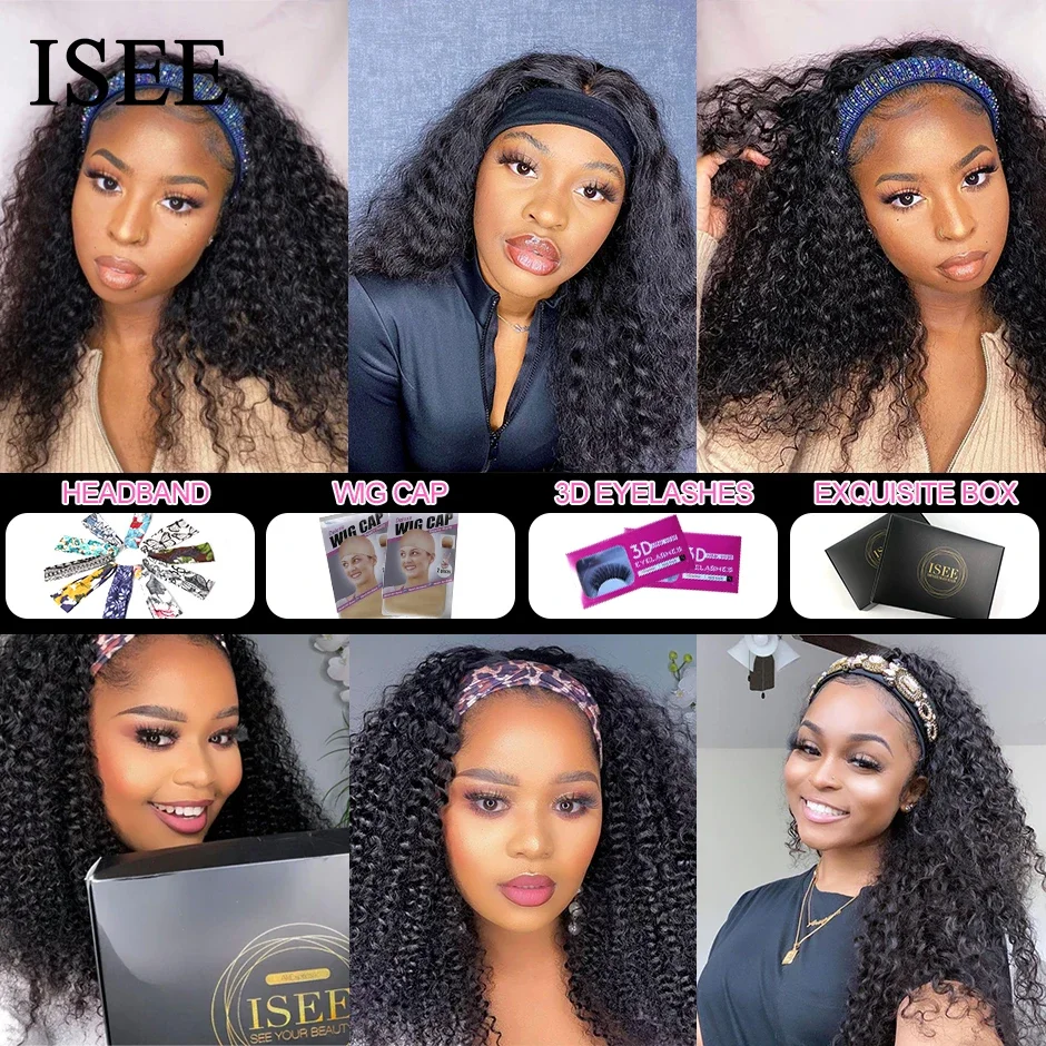 Human hair wigs ISEE Hair Headband Wig Human Hair Kinky Curly Scarf Wigs For Women Brazilian Curly Wigs No Glue No Gel Full Machine