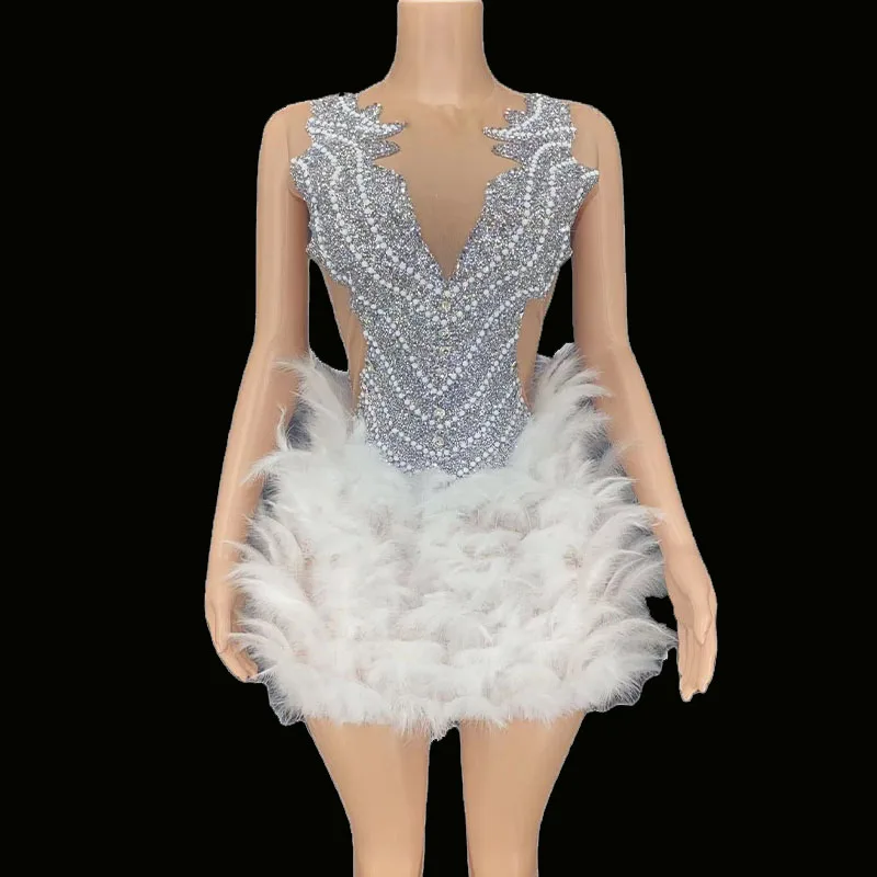 

Rhinestone Nightclub Sexy Bright Silver Crystals Feather Dress Prom Party Birthday Outfit Women Dancer Costume