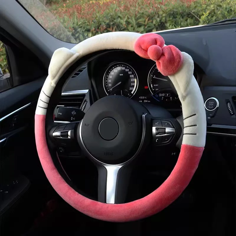 Sanrio Kawaii Hello Kitty Plush Car Steering Wheel Covers Autumn Winter  Universal Warm Anti Slip Handle Cover Auto Accessories