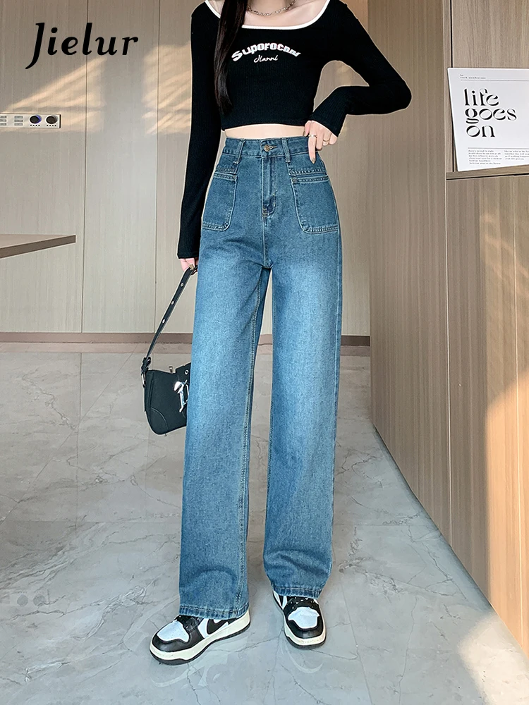 Jielur Autumn Casual Loose Women Jeans New High Waist Slim Chicly Straight Leg Jeans Female Blue Fashion Basic  Street Pants