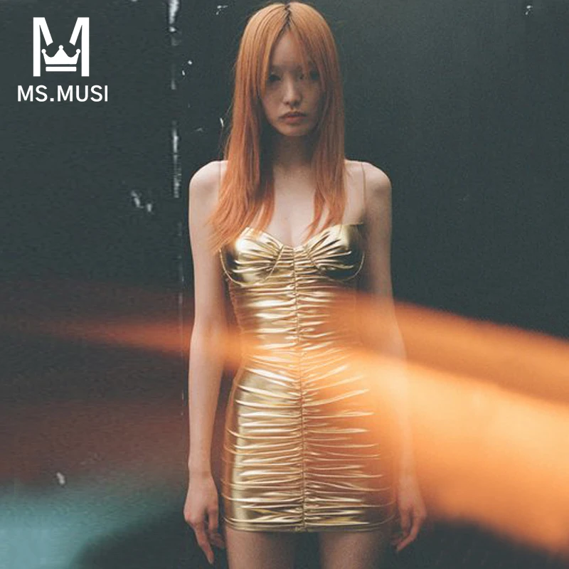 

MSMUSI 2023 New Fashion Women Sexy Strap Square Neck Fold Sleeveless Backless Bodycon Party Club Event Slim Mini Dress Vestidos