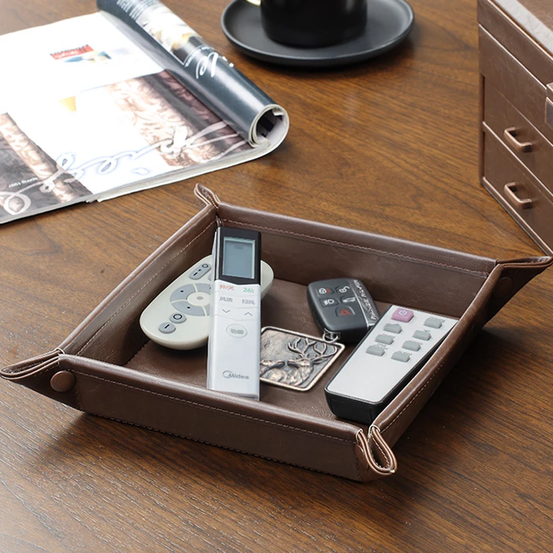 Storage Tray PU Leather Folding Dice Rolling Tray Collapsible Retro Doorway Porch Key Storage Pan Desktop Remote Control Storage Box