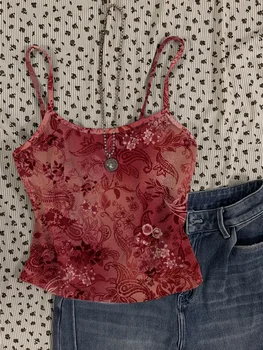 Vintage floral pattern red sexy vest, women's short top 1