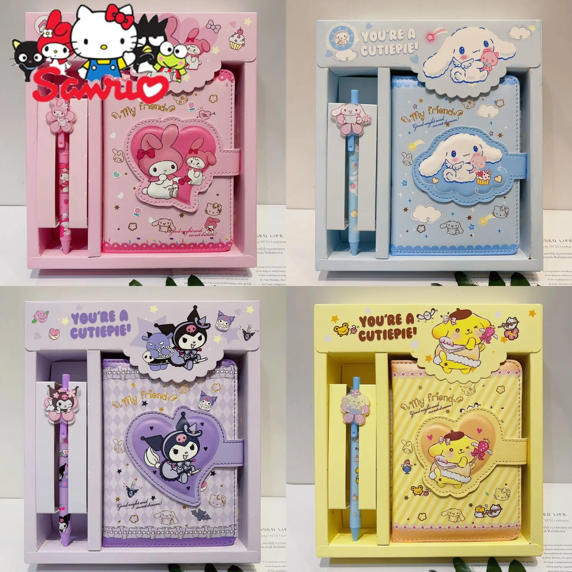 

Sanrio Kuromi Hello Kitty Melody Cinnamoroll Pochacco Handbook Set Girly Cartoon Stationery PU Magnetic Closure Notepad Gift Box