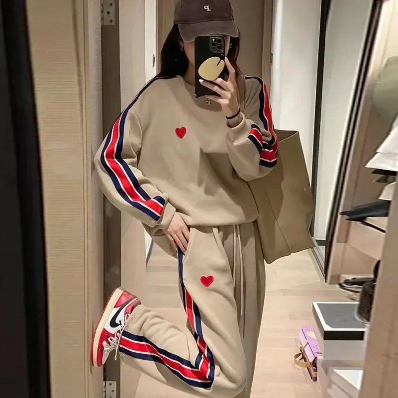 Women Golf Suit 2 Piece Sports Striped Pant Sets Spring Autumn Preppy Style Embroidered Love Loose Korean Fashion Golf Clothing