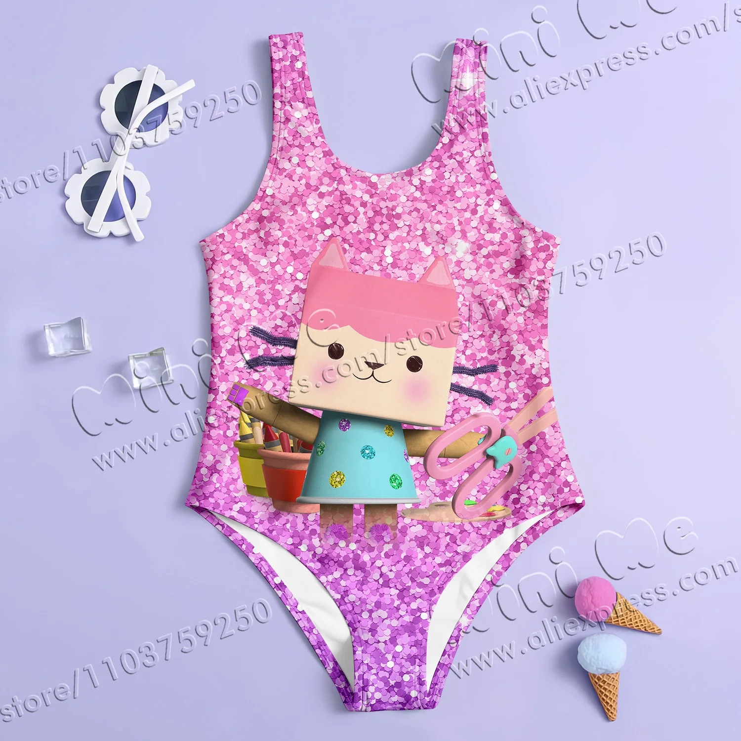 MINISO Girl Summer One-Piece Swimsuit Fashion Cartoon Gabby Dollhouse sequin Series Print Women Swimwear Sleeveless Clothing 6