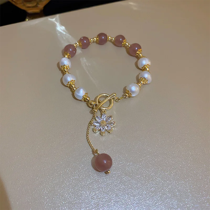 Sf7b8746ff6f44601b5b3af32ca9195b0u New Design Sweet Vintage Pearl Lily Flower Bracelet for Women Korean Cute Tassel Pink Peach Pendant Bracelet Aesthetic Jewelry Mallzona